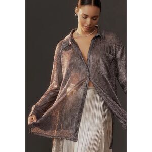 Anthropologie Pilcro silver black metallic button down shirt size small holiday